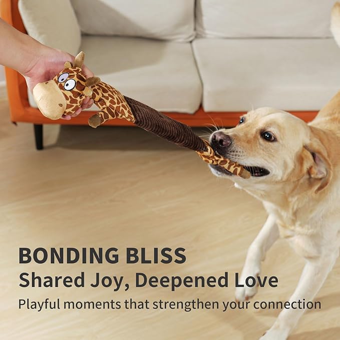 3-in-1 Squeaky Dog Toy for Chewer (Squeaker, Crinkle Paper & Elastic Band), Durable Interactive Puppy Plush Stuffed Chew Toy for Boredom, Tug of-War, for Small Medium Large Breed (Giraffe)