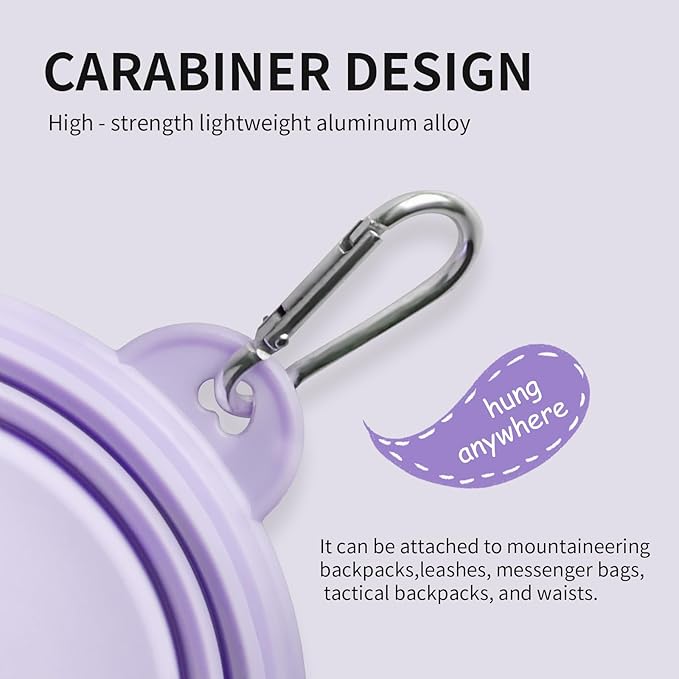Collapsible Dog Bowls 2-Pack, Portable Travel Dog Bowl with Carabiner, Food-Grade Silicone Pet Bowl for Hiking, Walking (Macaron Yellow and Violet)