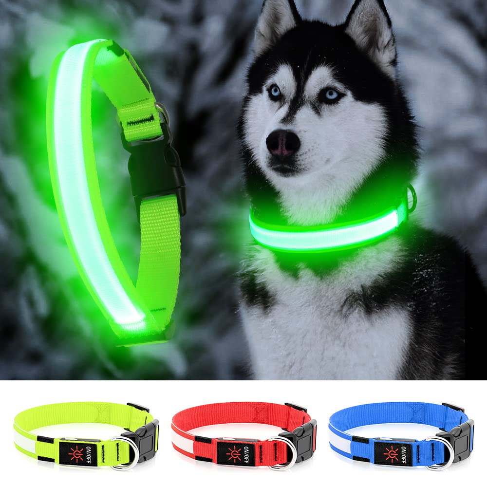 YFbrite Ultra Light Adjustable LED Dog Collar, Light up Dog Collars Rechargeable Glowing in The Dark Collars Visiblity & Safety for Small, Medium, Large Dogs (Green, Medium)