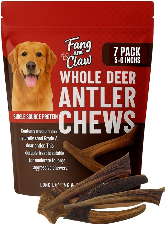 Fang & Claw Grass-Fed Deer Antlers for Dogs – 5-6" Antler Chews, 7-Pack – Long-Lasting Dog Chews for All Dogs & Aggressive Chewers