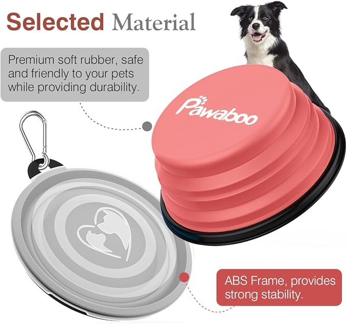 Pawaboo Collapsible Dog Bowls 2 Pack, Silicone Feeding Watering Bowls with Lids & Carabiners for Dogs Cats, Portable Water Feeder Food Bowl for Walking Traveling Home Use, 1000ml, Light Pink + Grey