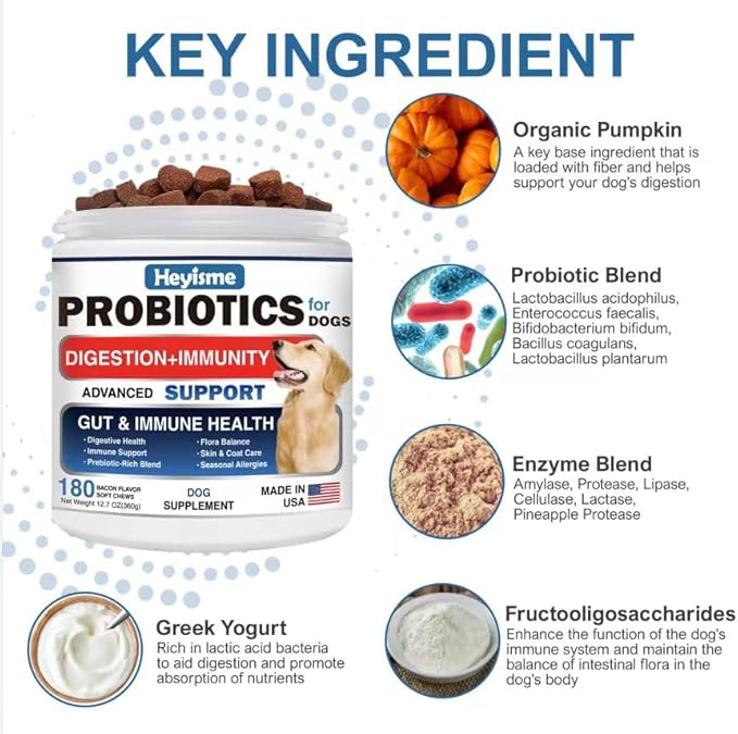 Probiotics for Dogs, Improve Yeast Balance, Itchy Skin Itchy Ears, Gut Health, Allergies, Immunity, Dog Probiotics and Digestive Enzymes with Prebiotics - Reduce Diarrhea (180 Chews, Bacon)