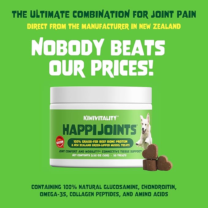 HappiJoints Hip and Joint Supplement Treats for Dogs, Cats • 100% Grass-Fed Beef Bone Collagen New Zealand Green-Lipped Mussels • 50 Treats