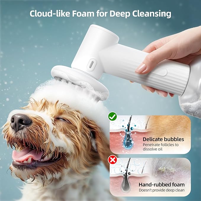 uahpet Automatic Foaming Pet Brush, Rechargeable & IPX7 Waterproof Dog Scrubber with Soft Silicone, One-Button Deep Cleaning Dog Bath Brush for Short and Long Haired Pet