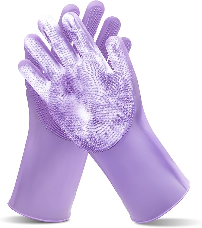 Pet Grooming Gloves—Heat Resistant Dog Washing Gloves with High-Density Teeth, Dog Bath Scrubber with Enhanced Five Finger Design, Silicone Gloves for Dogs and Cats Bathing, Massage (Purple)