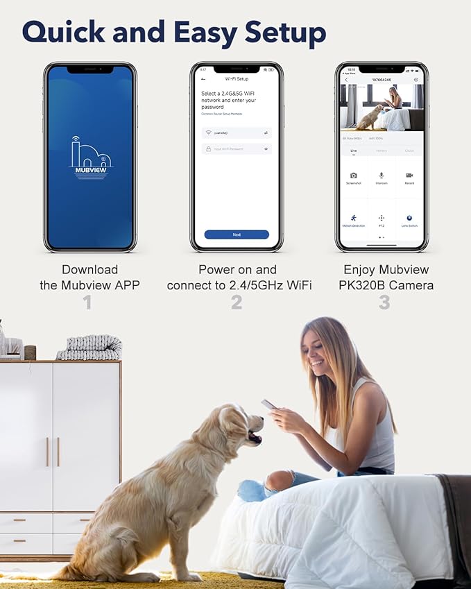 MUBVIEW Cameras for Home Security, Indoor Security Camera, 2.4/5GHz WiFi Wired Camera Ideal for Dog/Elder/Baby, Motion Tracking, Two-Way Audio, Pan Tilt, 7X24, 2K Night Vision