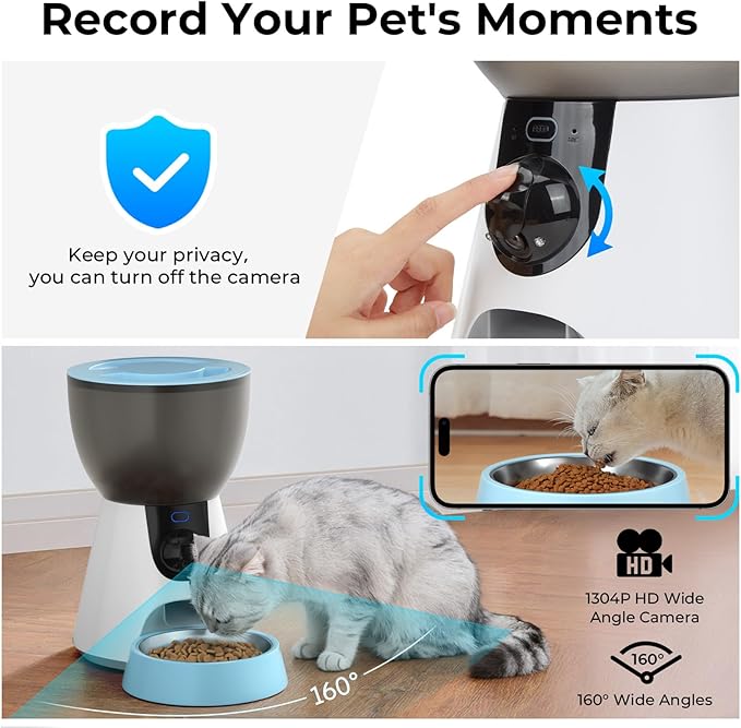 Ownpets Automatic Pet Feeder with Camera, 1304P HD Video with Night Vision, 2-Way Voice Interaction, 2.4G & 5G WiFi Food Dispenser with APP Control, 4L Timed Feeder for Cats and Dogs