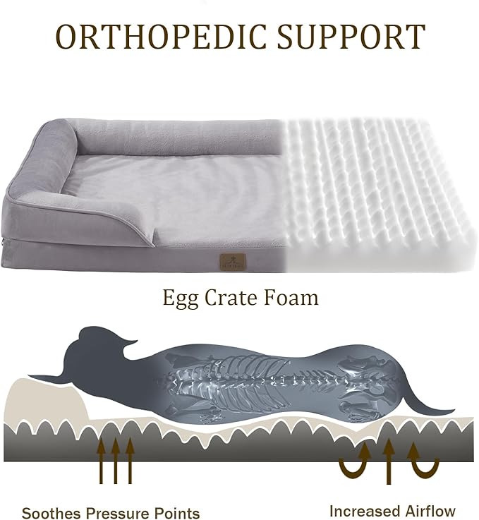 Bedfolks Orthopedic Dog Bed, Waterproof Dog Sofa Bed for Medium Dogs, Egg Foam Pet Couch Bed with Removable Washable Cover and Nonslip Bottom, Light Grey