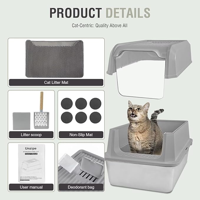 XL Stainless Steel Enclosed Cat Litter Box with Lid 23.6''×15.7''×16.9'' - Odor Control & Easy Cleaning w/Odor-Proof Bags, Extra Large Metal Litter Pan for Indoor Cats, Khaki