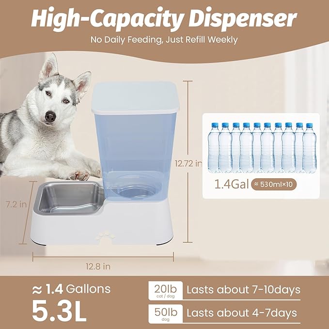 Automatic 5.4L/1.4Gal Pet Waterer, Pet Automatic Dog Water Dispenser Gravity Stainless Steel Water Feeder, Large Capacity Feeding Bowls for Cats and Medium & Large-Sized Dogs (White, Water)