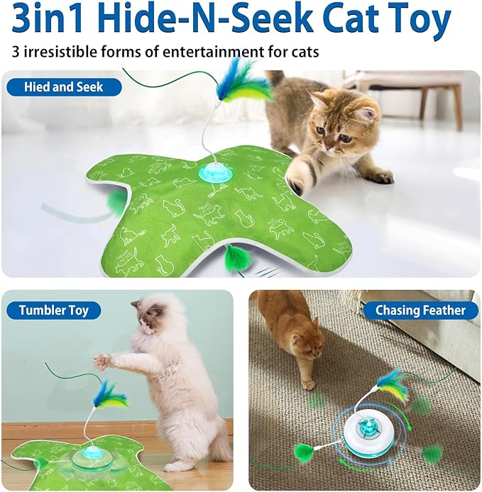 Interactive Cat Toys Rechargeable, Hide and Seek Kitten Toy with Touch Activated, Moving Concealed Feather, Tumbler Toy Design, Automatic Cat Toys for Indoor Cats to Chase and Exercise