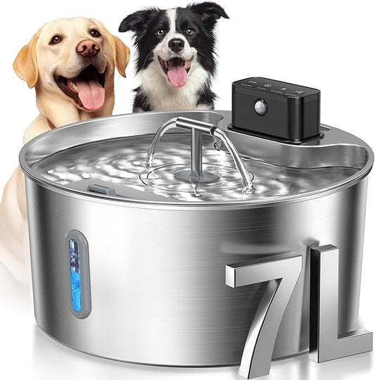 Dog Water Fountain,Automatic Water Dispenser for Dogs,236oz/1.8Gal/7L Wireless Stainless Steel Pet Water Fountains,Battery Operated Cat Water Dispenser with Ultra-Silence Pump