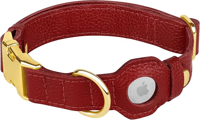 Leather Airtag Dog Collar - Soft Tracking Dog Collar with Apple AirTag Holder and Metal Buckle - Safety GPS Pet Collars for Small Medium Large Dogs Puppy Pink Red (Red, L, 17"-21" Neck Fit)