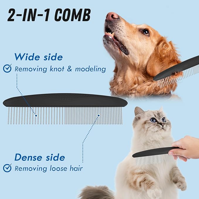 Pet Grooming Combo: Undercoat Rake, Dematting Deshedding Brush for Long-Haired Dogs and Cats, Black
