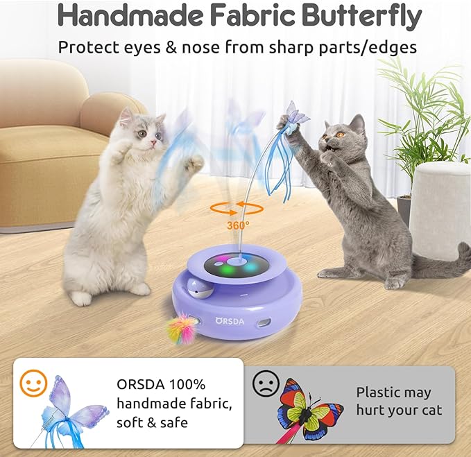 ORSDA Cat Toy, 3-in-1 Automatic Interactive Electronic Moving Ambush Feather, Fluttering Butterfly, Track Balls, USB Rechargeable Powered Smart Indoor Exercise Kicker