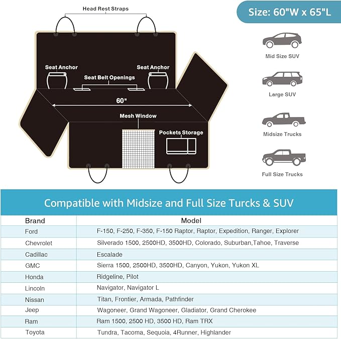 Lassie XL Truck Dog Seat Cover Back Seat, Dog Car Hammock for Large SUV and Trucks Compatible with F150 F250/Chevrolet Silverado/Ram Pickup/GMC Sierra/Toyota Tundra and Crew Cab