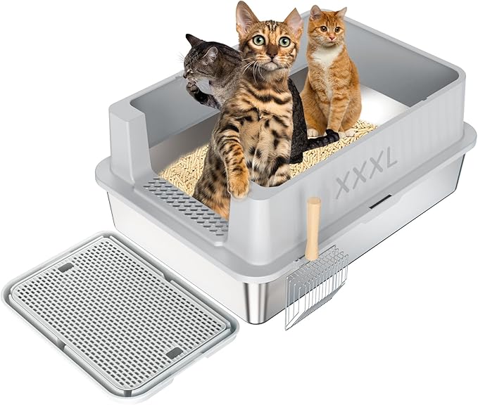 Stainless Steel Litter Box - 28" Extra Large XXXL Cat Litter Box with High Sides, Non-Sticky & Anti-Leakage for Big Cats/Multiple Cats, Includes Heavy Duty Metal Scoop, Grey