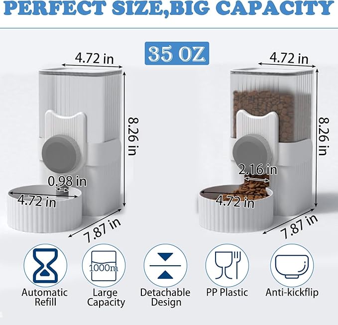 kathson Rabbit Gravity Auto Feeder Set 35oz Hanging Automatic Food Water Dispenser Cage Automatic Feeder Set for Rabbit Chinchilla Guinea Pig Hedgehog Ferret Kitty Puppy (Grey)