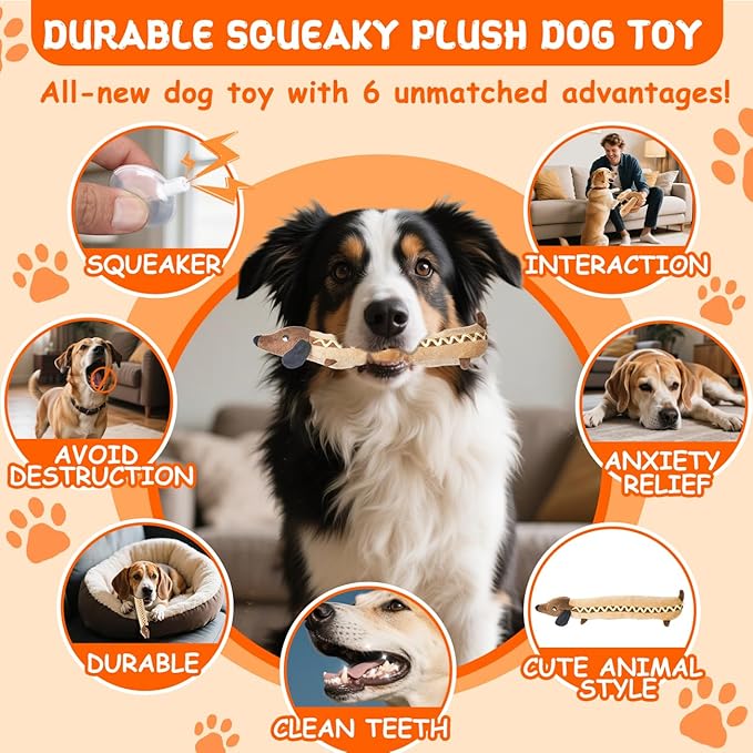 Squeaky Plush Dog Toy for Aggressive Chewer, Stuffed Animal Toy with Squeaker, Durable Interactive Puppy Chew Toy for Boredom, tug-of-war, Small Medium Large Breed(13.8” Hot Dog)