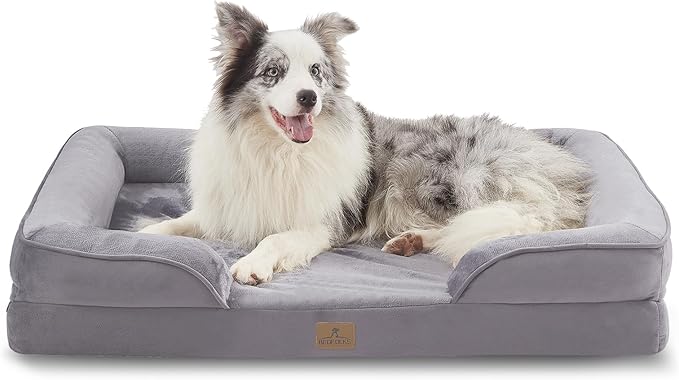 Bedfolks Orthopedic Dog Bed, Big Waterproof Dog Sofa Bed for Large Dogs, Egg Foam Pet Couch Bed with Removable Washable Cover and Nonslip Bottom, Light Grey