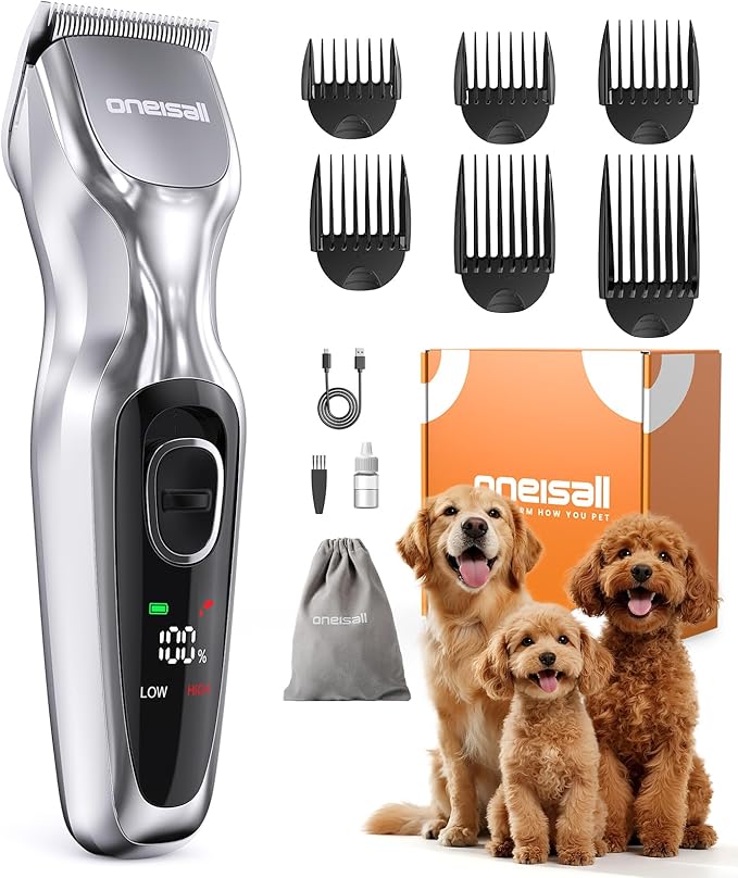 oneisall Dog Clippers for Grooming Thick Hair, Low Noise Cordless Dog Shavers, 2-Speed Pet Hair Trimmer Grooming Kit for Home Groomer
