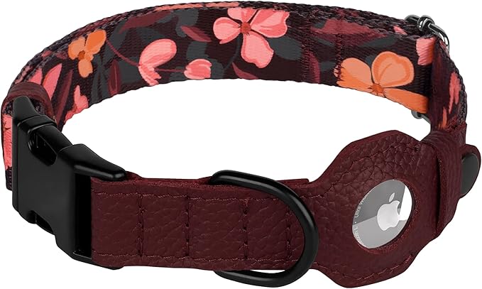AirTag Dog Collar with Metal Buckle - Soft Leather Printed Nylon Dog Collar with Apple AirTag Holder - Cute Tracking GPS Pet Collars for Girl Boy Small Large Dogs (M, 14"-18" Neck Fit, Crossandra)