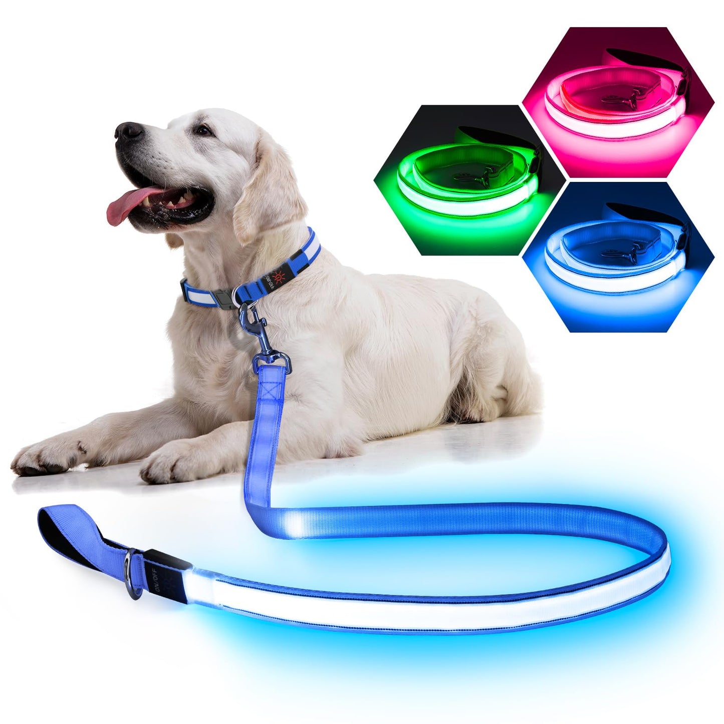 PZRLit LED Light Up Dog Leash - 4 Ft USB Rechargeable Reflective Nylon Leash with Padded Handle - Flashing Luminous Glow Leashes for Large Medium Pets Night Safety Walking-Blue