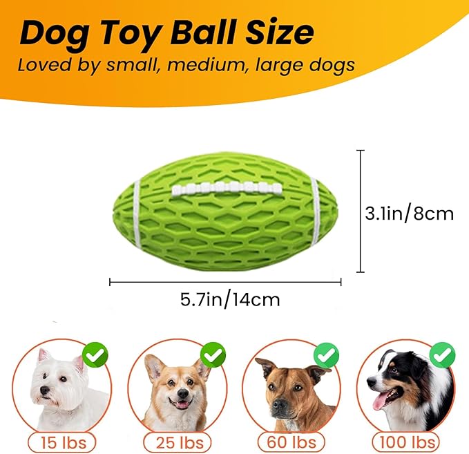 Squeaky Dog Football Toy, Rubber Dog Ball Toy for Aggressive Chewers, Tough Fetch Ball, Durable and Interactive for Medium Large Dogs, Green, Large