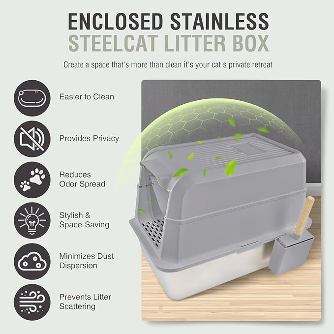 XL Stainless Steel Enclosed Cat Litter Box with Lid 23.6''×15.7''×16.9'' - Odor Control & Easy Cleaning w/Odor-Proof Bags, Extra Large Metal Litter Pan for Indoor Cats, Khaki