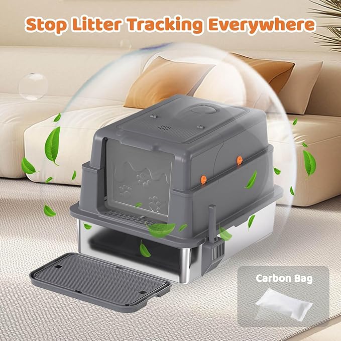 Homegroove XXXL Stainless Steel Litter Box with Lid, 28''x20''x18'' Extra Large Cat Litter Box with Litter Scoop & Pedal, Enclosed Metal Cat Litter Pan for Large & Multi-Cats, Anti-Leakage (Grey)