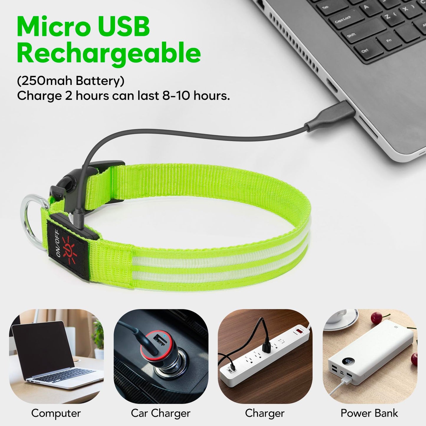 BSEEN Light Up Dog Collar - LED Dog Collar Rechargeable Lighted Pet Collars Glow in The Dark Puppy Collar Safety Dog Lights for Night Walking(Green, Small)