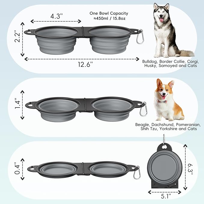 Pawaboo 2-in-1 Collapsible Dog Bowls, Dual Puppy Food and Water Bowls, 180° Flip Over Portable Silicone Dog Bowl with Metal Hook, 450ml Pet Travel Feeder Bowl for Walking Hiking Camping, Gray