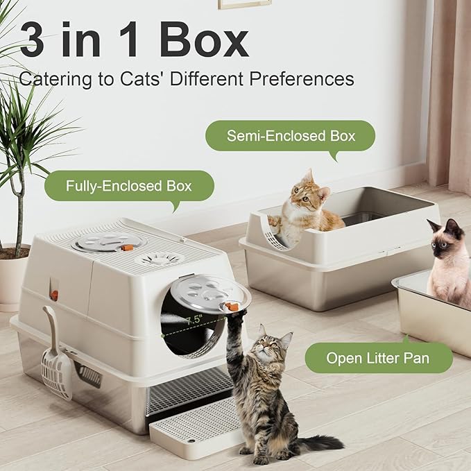 Stainless Steel Cat Litter Box with Lid, XL Extra Large Kitty Litter Box, Enclosed Top Entry Metal Litterbox for Big Cats, Easy Cleaning, Anti-Leakage & High Sided with Mat, Aisle & Scoop, Beige