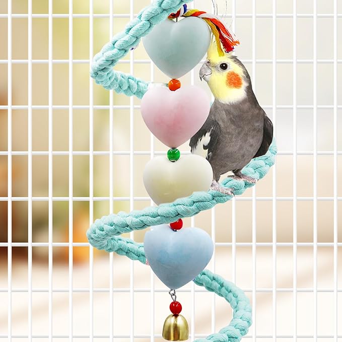 Mineral Chew Toy, Heart Shape Colorful Beaded Bird Toys with Bells | Beak Grinding & Foraging Enrichment for African Grey, Amazon Parrots, Budgies, Cockatiels, Conures