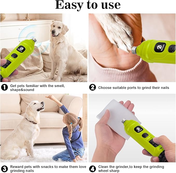 Bousnic Dog Nail Grinder with 2 LED Light - Super Quiet Pet Nail Grinder Powerful 2-Speed Electric Dog Nail Trimmer File Toenail Grinder for Puppy Small Medium Large Breed Dogs & Cats (Green)
