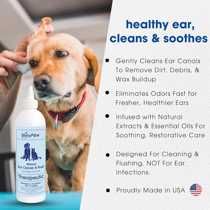 Dog Ear Cleaner Solution for Dogs & Cats by Shiny Paw 16 oz | Wintergreen, Camphor & Aloe – Gentle Ear Flush for Pets Health | Dog Ear Wash | Made in The USA