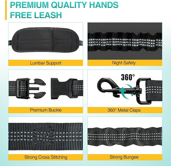 Kytely Hands Free Dog Leash with Zipper Pouch, Wide Padded Waist Dog Running Leash, Dual Padded Handles, Retractable Bungee for Walking Jogging Training Hiking