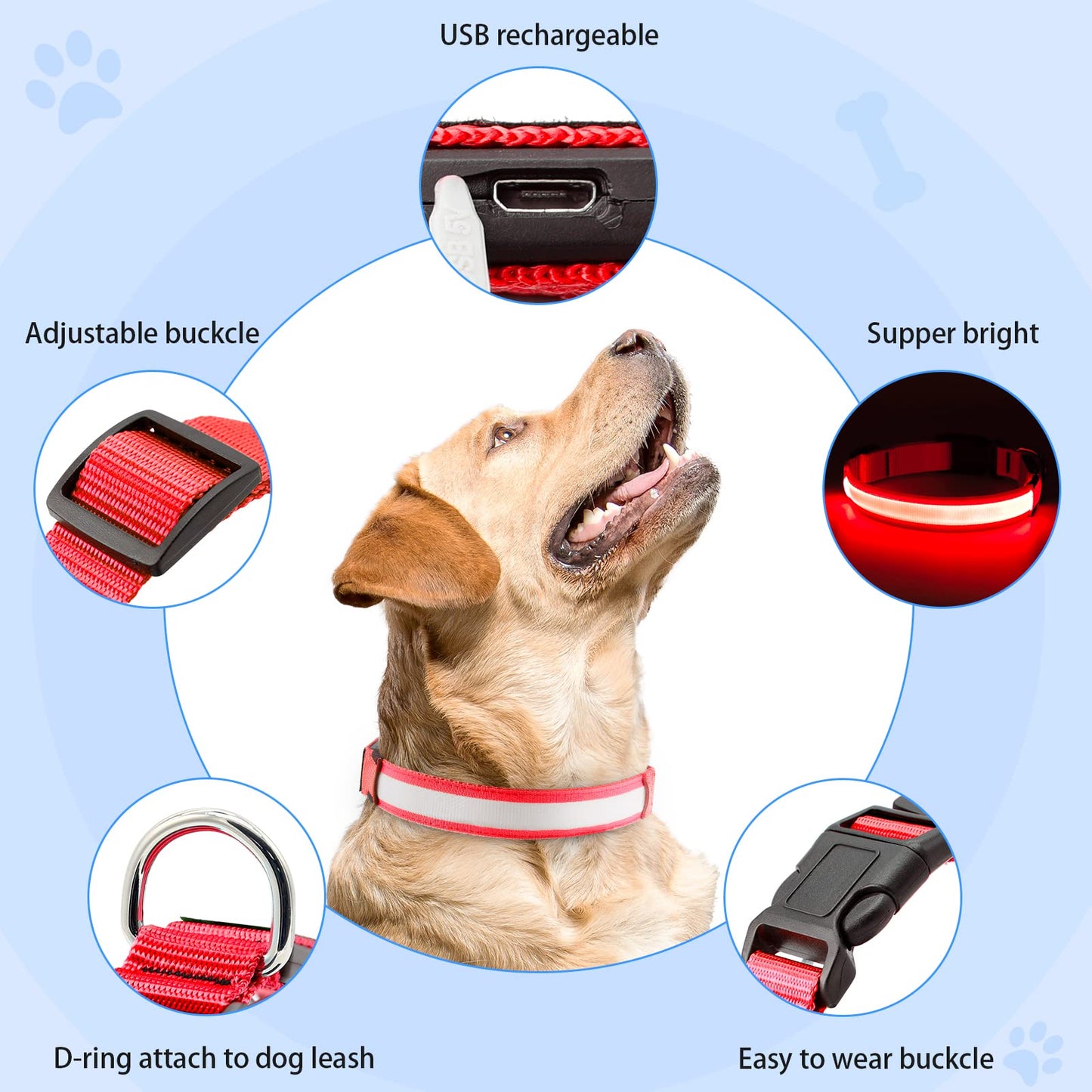 Domagiker Light Up Dog Collars - USB Rechargeable Glowing LED Dog Collar - High Visibility Adjustable Lighted Pet Collar, Flashing Dog Lights for Night Walking (Medium, Red)