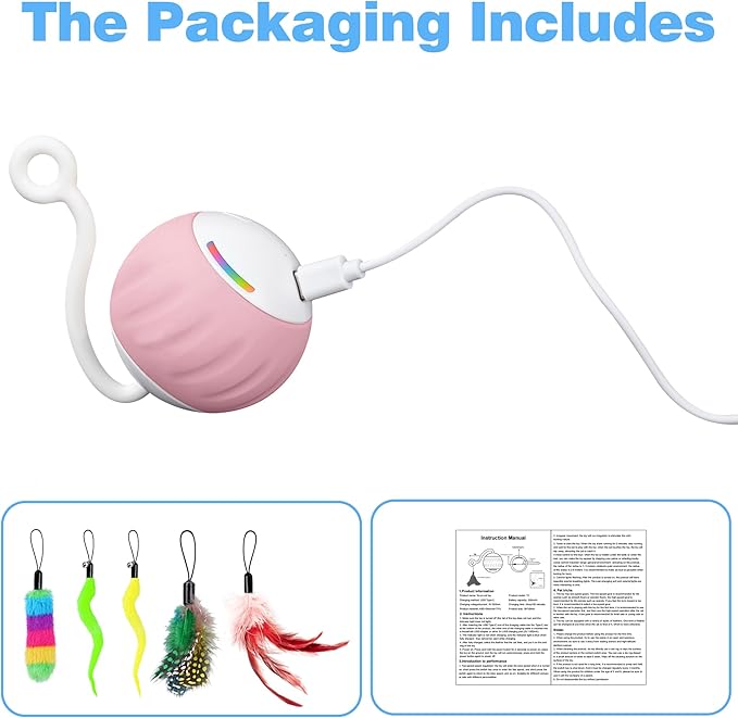 Cat Toys Interactive for Indoor Cats, Touch & Sound Smart Control - Fast slow 2 Speed Motion Activated Cat Ball Toy for Bored Cats With LED Lights, Feathers Tail, USB Charging Cable, 6in1 - Pink