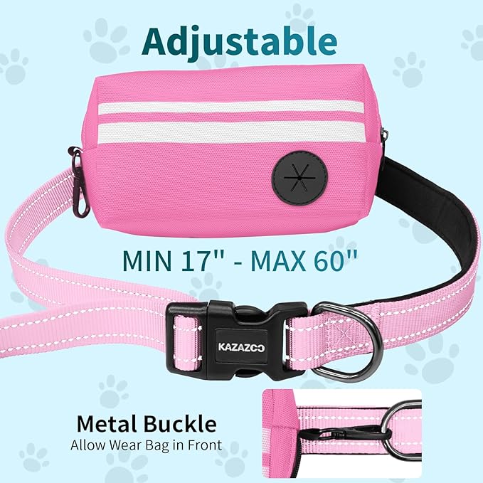 Hands Free Dog Leash with Removable Zipper Pouch, Dual Padded Handles and Durable Bungee for Walking, Jogging and Running-Pink