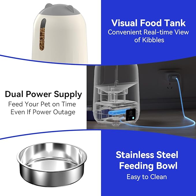 PAPIFEED Automatic Cat Feeder, 3L Timed Cats Food Dispenser with Dual Power Supply, Auto Pet Feeder with Programmable Portion Control for Cats and Small Dogs, Grey