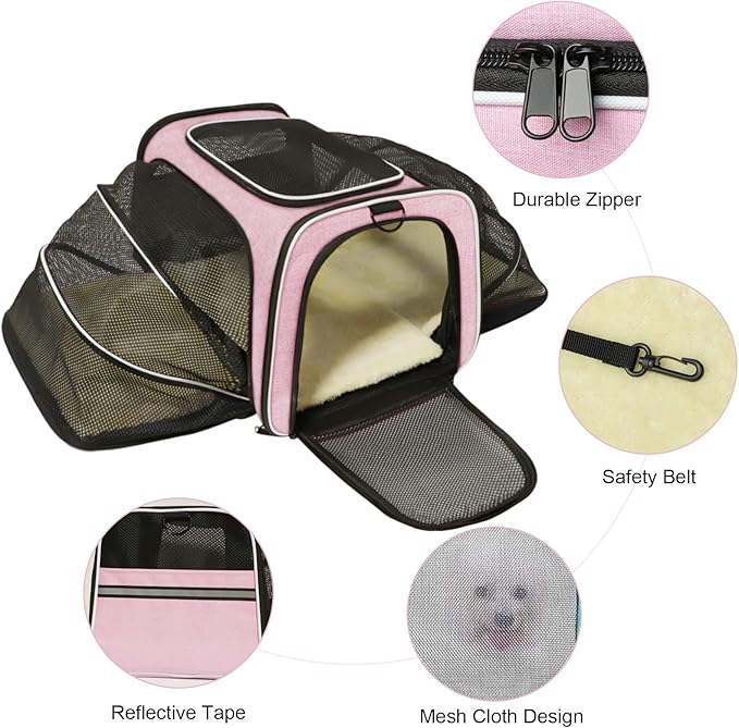 Cat Carrier Airline Approved Pet Carrier, Expandable Foldable Soft-Sided Dog Carrier, 3 Open Doors, 2 Reflective Tapes, Pet Travel Bag Safe and Easy for Cats and Dogs(Pink)