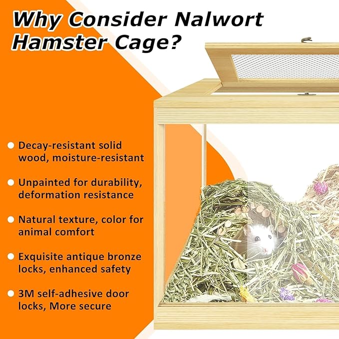 Large Hamster Cage 48", Front Opening Lockable Sliding Door Gerbil Cage, Dwarf Hamster Cage with Metal Mesh Roof, Chewproof Syrian Hamster Habitat Enclosure, (Wooden, 48" L x 20" W x 20" H)