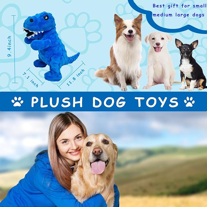 LWBMG Squeaky Dog Toys Stuffed Dog Toys Cute Dinosaur Plush Dog Toy with Crinkle Paper Durable Dog Chew Toys for Small, Middle and Large Dogs