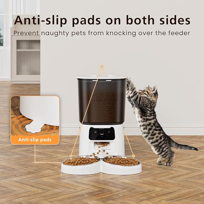 Automatic Cat Feeder with Camera, 6L WiFi Smart Pet Feeder with APP Control, 1080P HD Video, Voice Call, Motion Detection, Dual Power Supply, for Dogs Cats, Small-Pet (White, 6L)