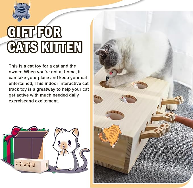 Interactive Wooden Cat Toy, Solid Wood Toys for Indoor Cats Kitten Catch Mice Game, Cat Scratcher and Toy, Cat Interactive Toys, Cat Toy for All Ages Cats