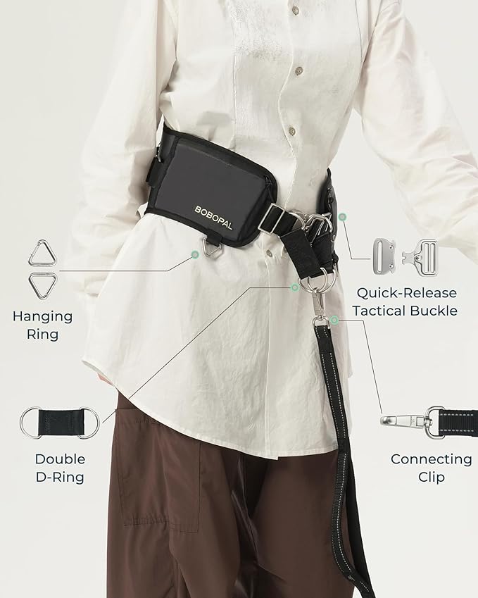 Hands Free Dog Leash with Ergonomic Waist Belt, Zipper Pouch, Reflective Bungee & Double Handle, for Medium & Large Dogs (20–100 lb), Walking, Running & Car Travel