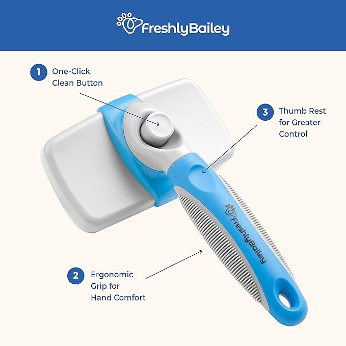 Self Cleaning Slicker Brush for Dogs and Cats - Hair Brush for Medium to Long-haired Pets - Effective, Comfortable, and Easy to Clean - White and Blue