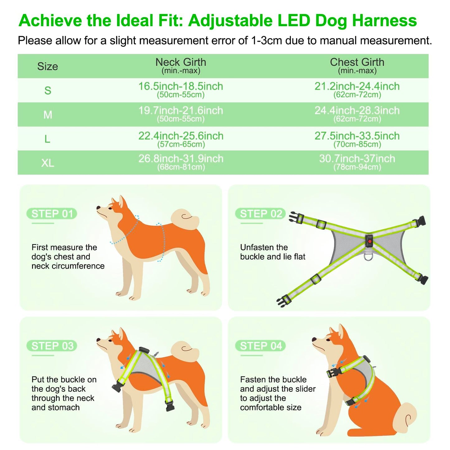 Visinite LED Dog Harness, USB Rechargeable Light Up Dog Vest, 2 Illuminate Modes Glow in The Dark Dog Harness, Adjustable Lighted Pet Harness Light for Night Walking Safety (Green, L)