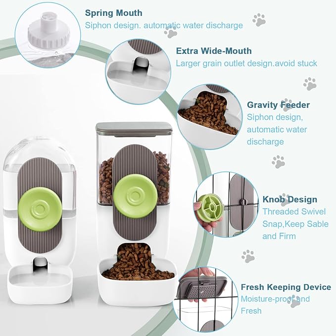 Hanging Automatic Food Water Dispenser,Gravity Rabbit Feeder, Water Dispenser Food Bowl for Bunny Chinchilla Guinea Pig Hedgehog Ferret (White Brown)